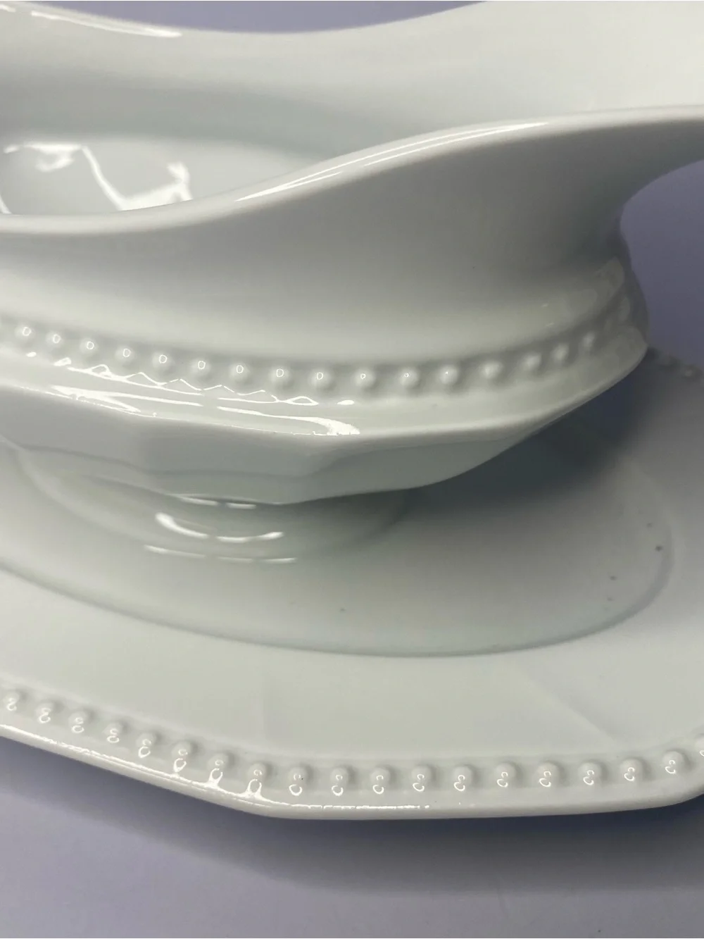 Vintage Hutschenreuther Porcelain Gravy Boat Attached Underplate White Beaded